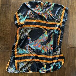 Winlar long caftan/bathing suit cover-up with bright multicolor peacock design.